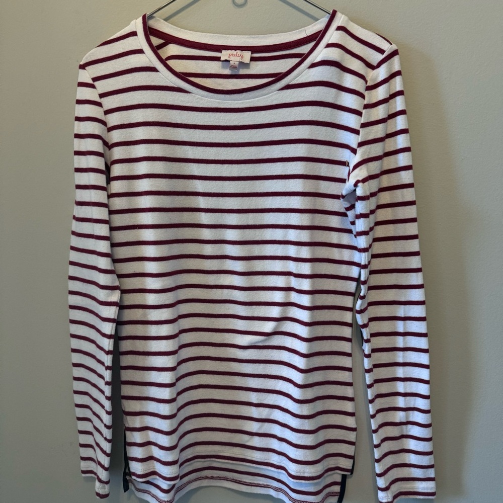 Women’s red & white striped long sleeve shirt with faux leather accents size S
